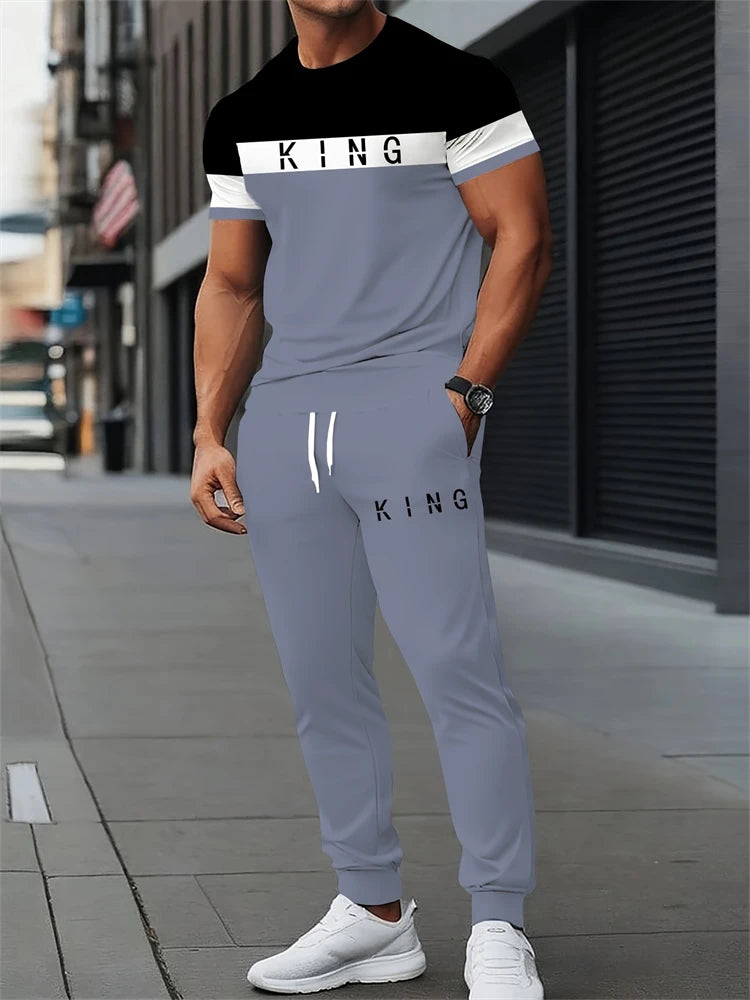 Men's Letter Print Round Neck Short Sleeve & Drawstring Long Pants Plus Size 2-Piece Outfit