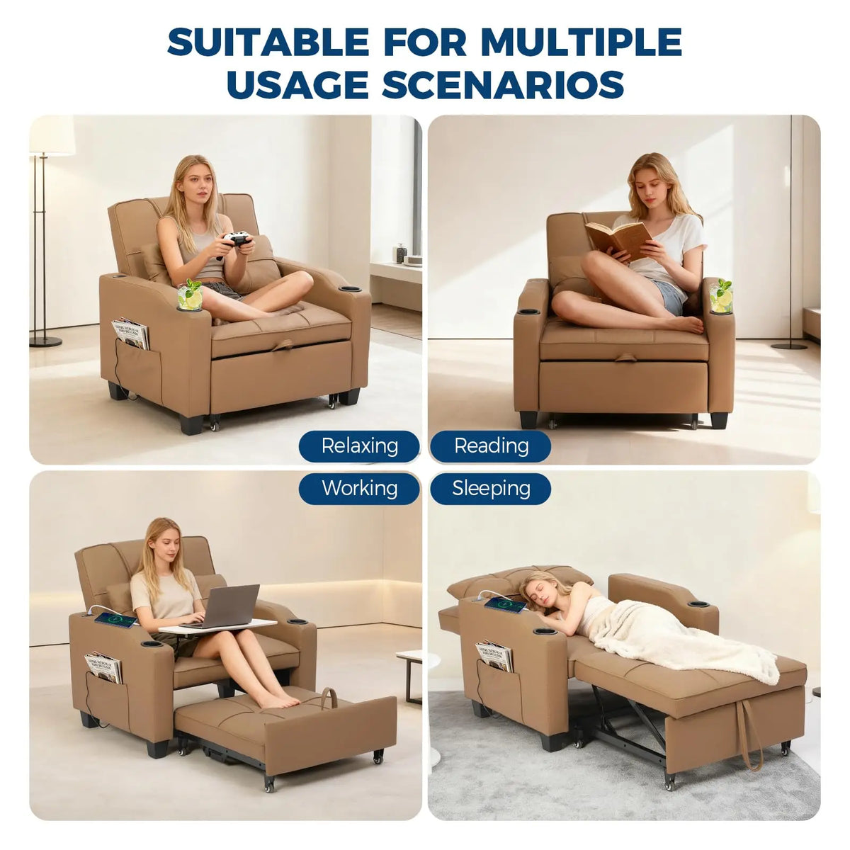 3-in-1 Convertible Sleeper Chair Bed with Massage & USB Charging