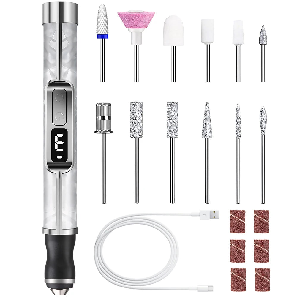 Electric Nail Drill & Polisher – 3 Speeds, 15000 RPM, 12 Drill Bits, LED Display, USB-C