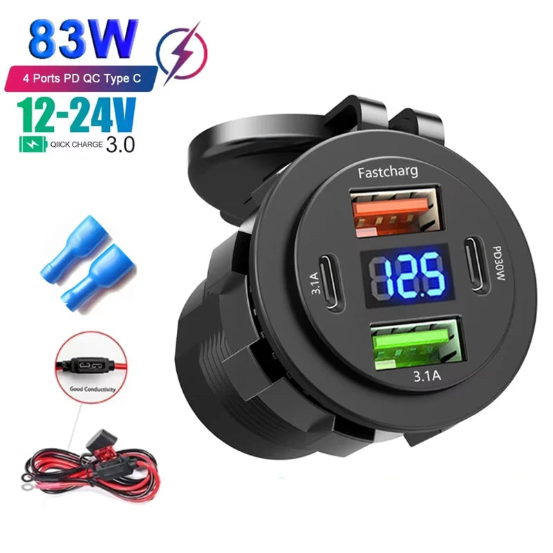 Car USB Charger with Voltmeter – PD3.0 & QC3.0 Fast Charging Socket for Motorcycle, Boat & Auto (12/24V)