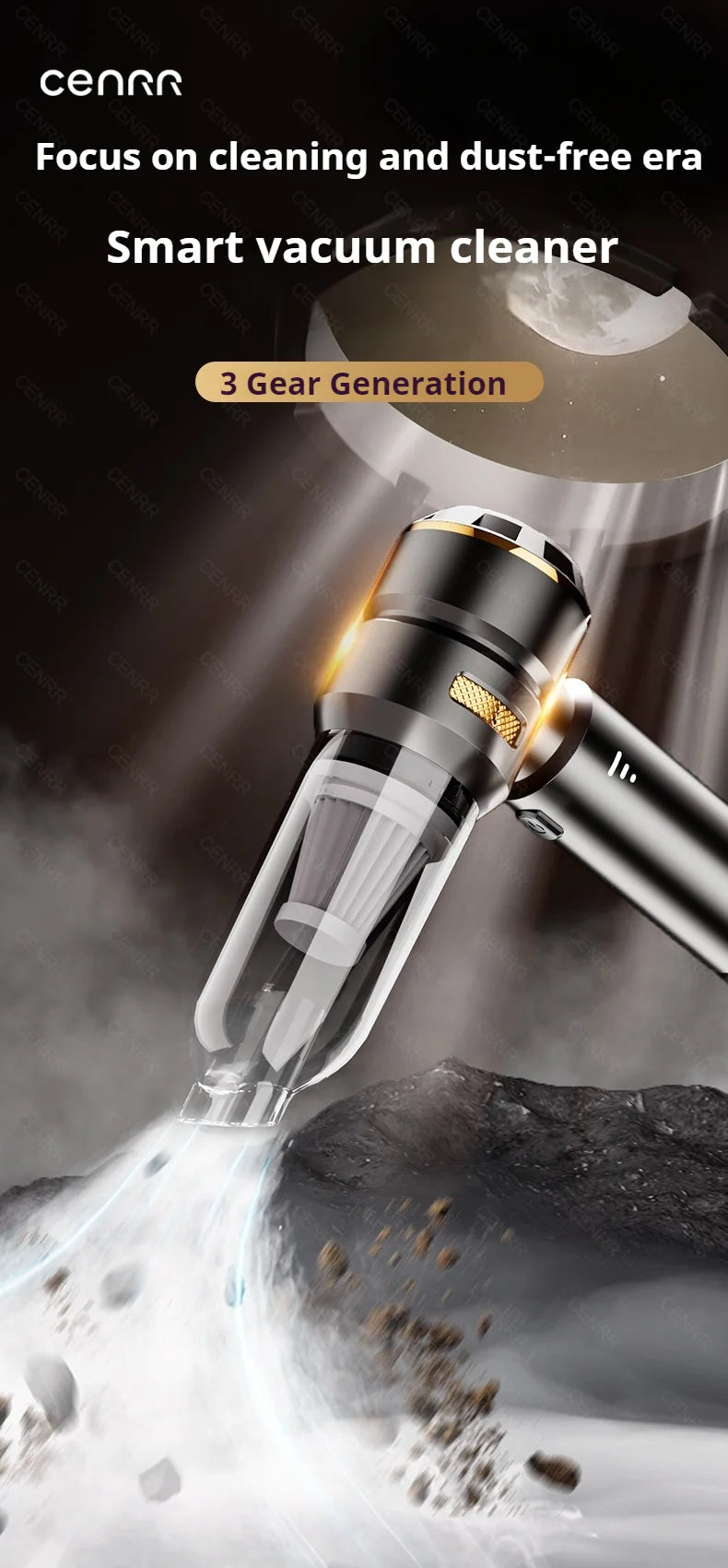CENRR Wireless Car Vacuum Cleaner — 3-Gear Brushless Motor, 6000mAh, 9 Accessories, USB-C Charging