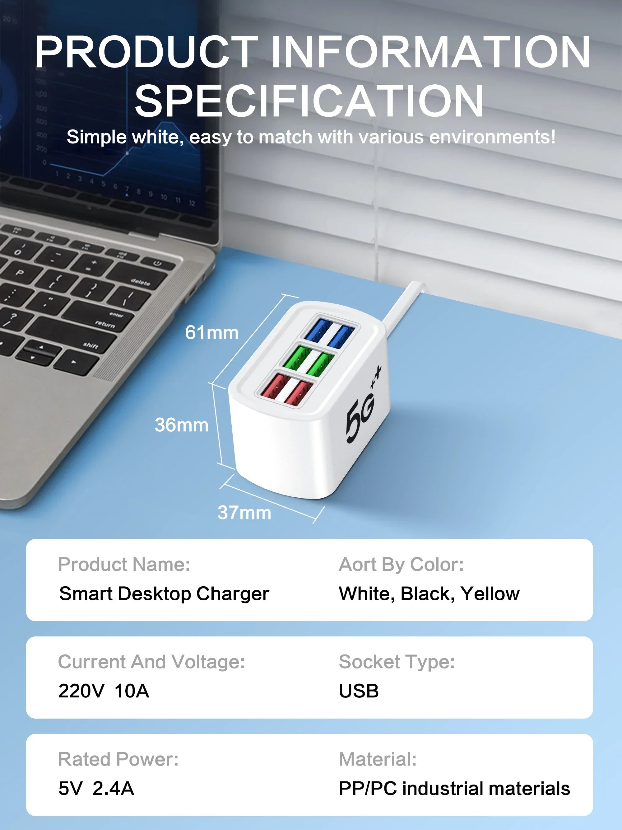 6-in-1 Fast USB Charging Power Strip — Multi-Port Desktop Charger with AC Outlets