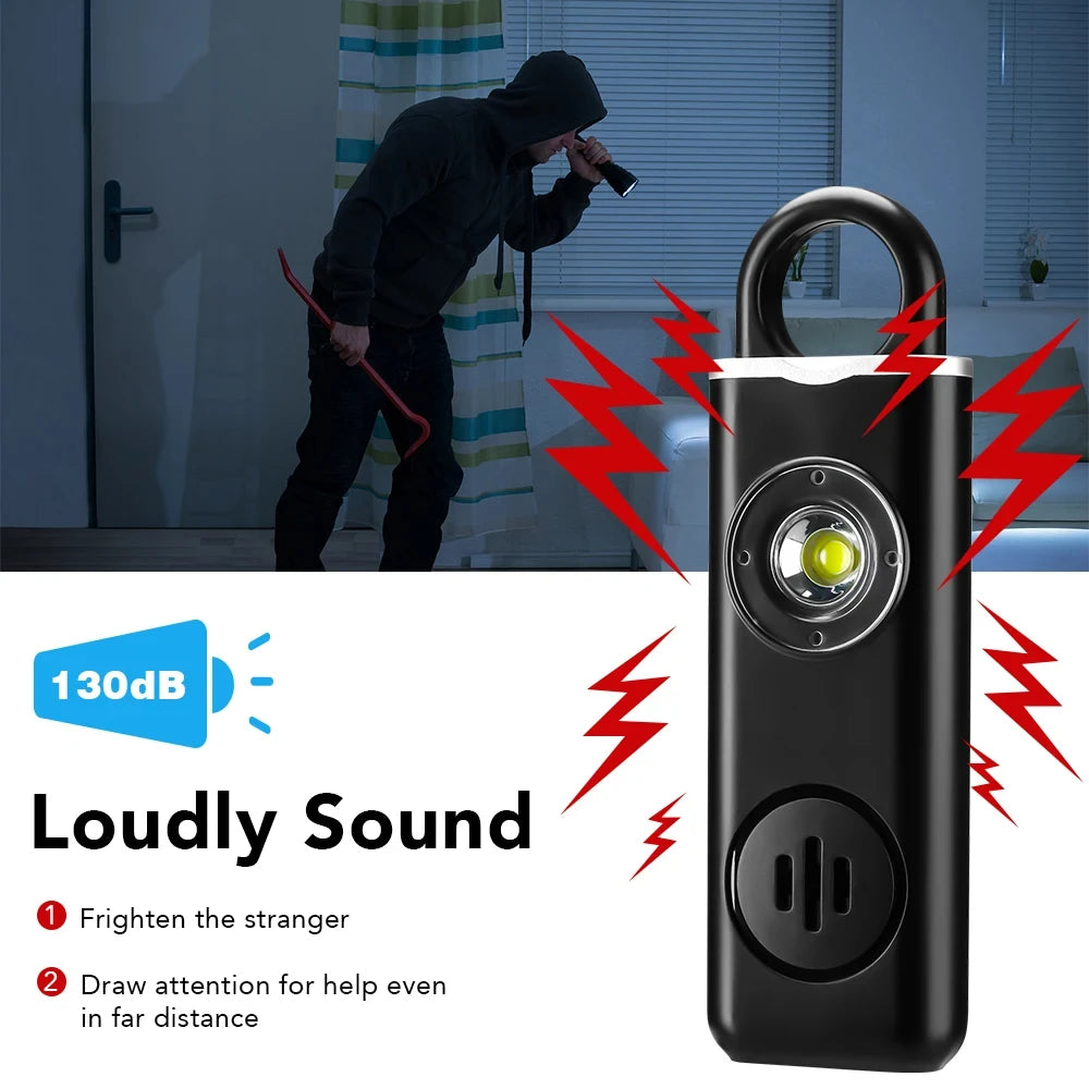 130dB Personal Safety Alarm Keychain with LED Light – Rechargeable Self Defense