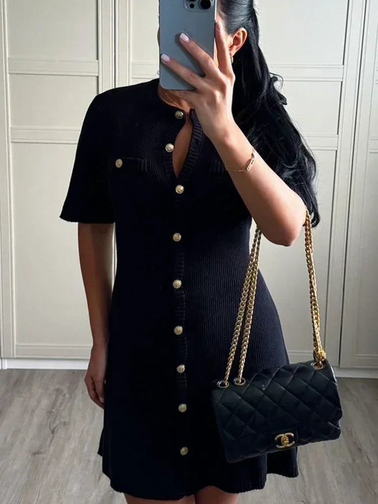 Elegant Knit Rib Mini Dress — High Waist Short Sleeve Bodycon Sweater Dress