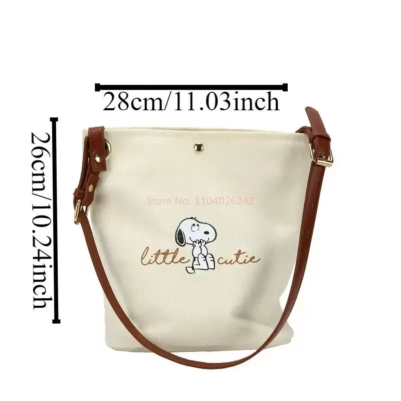 Snoopy Canvas Bucket Bag – Cute Letter Print Crossbody Shoulder Bag for Women