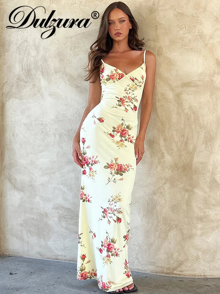 Sexy Y2K Floral Print Sleeveless Backless Bodycon Maxi Dress – Club Birthday & Party Dress