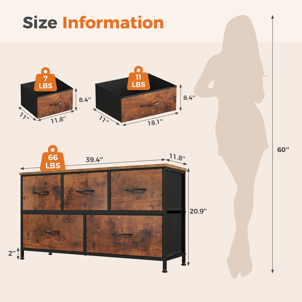 5-Drawer Fabric Dresser with Wooden Top & Metal Frame — Bedroom & Living Room Storage