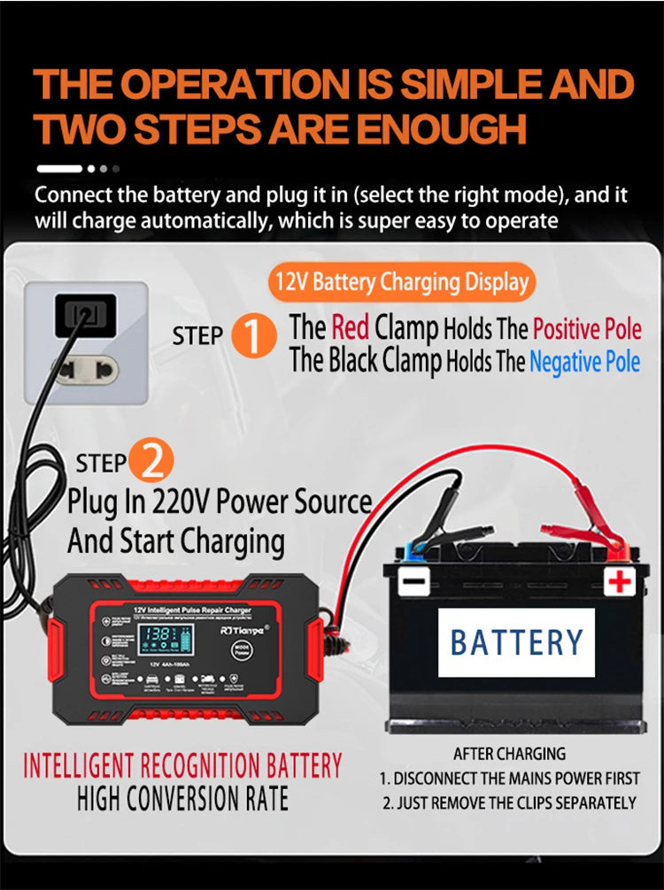 12V 6A Smart Car Battery Charger — LCD Touch Screen Pulse Repair for AGM, GEL & Lead Acid Batteries