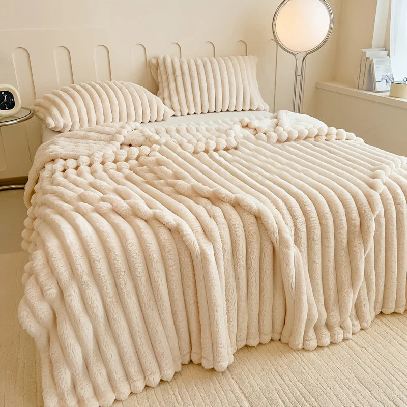 Thickened Wide Stripe Plush Flannel Multifunctional Blanket – Bed Sheet, Sofa & Nap Cover, 7 Colors & 5 Sizes