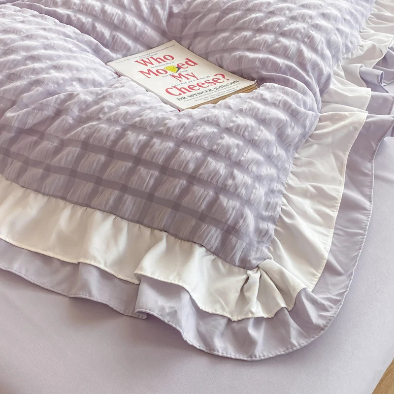 Korean Seersucker Lace Duvet Cover Set – 3-Piece Bedding, 3 Colors & 10 Sizes