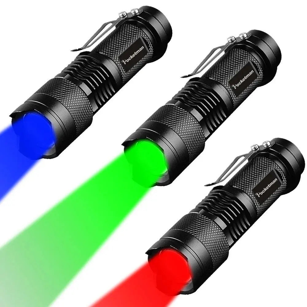 Portable LED Flashlight | Green, Blue & Red Light, Adjustable Focus, 160 Lumens, Waterproof Aluminum Pocket Torch