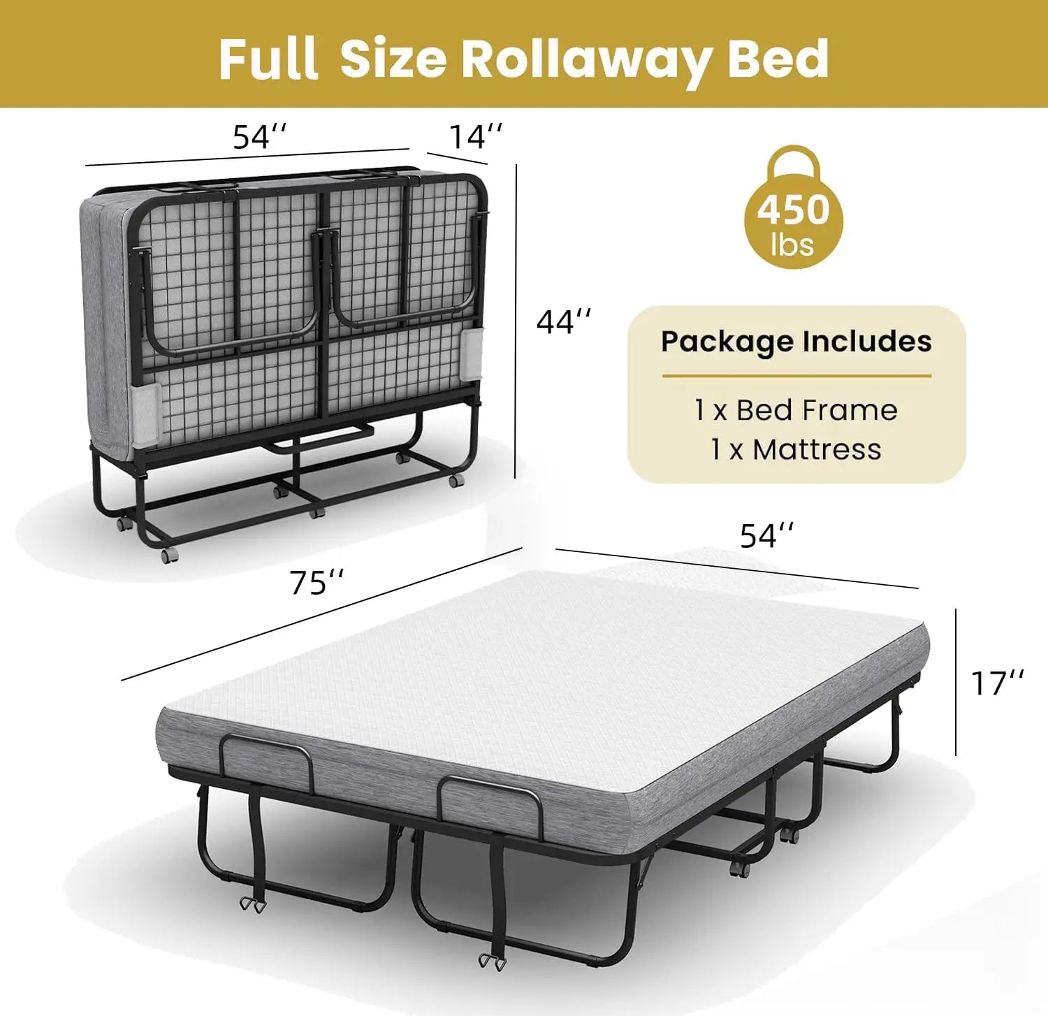 Full Size Folding Rollaway Guest Bed with Mattress – 75"x54", Space-Saving Fold-Up Design