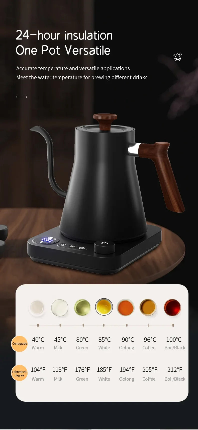 900ml Electric Gooseneck Kettle – 1200W, Stainless Steel, Temperature Control for Coffee & Tea