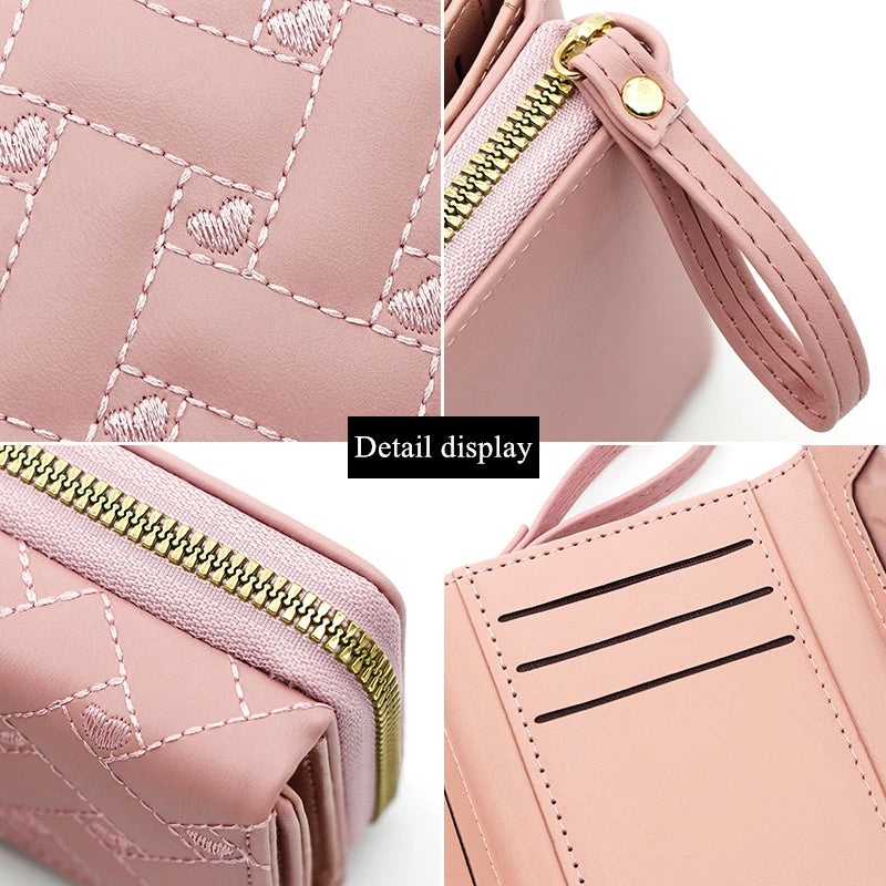 Women's Tri-Fold Wallet – Embroidered Love Pattern, Multi-Slot Card Holder