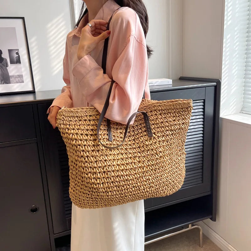 Straw Woven Beach Tote Bag – Large Capacity Casual Shoulder Handbag for Women