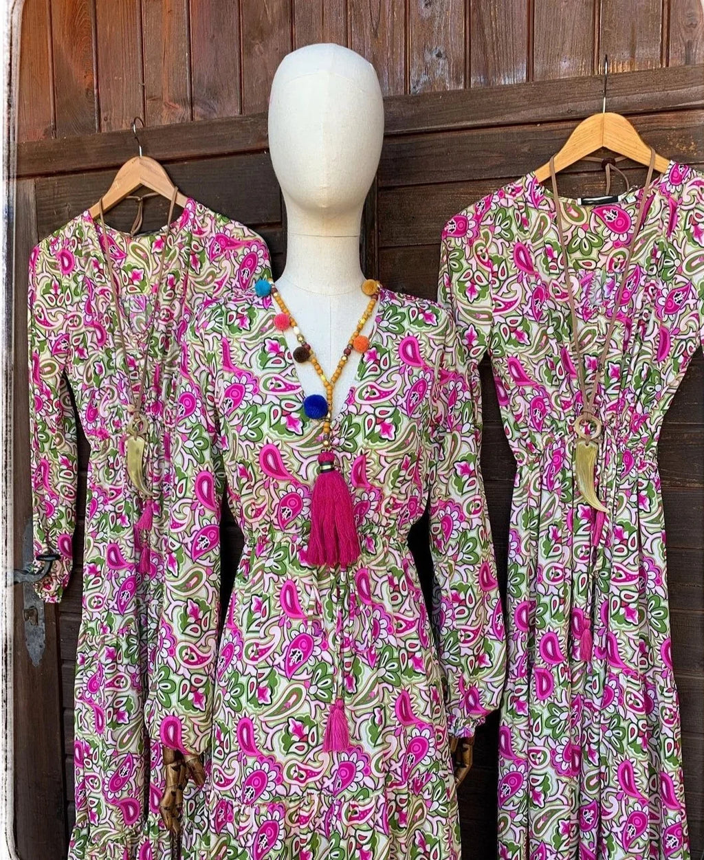 Women's Printed V-Neck Long Sleeve Bohemian Midi Dress – High Waist Elastic Waist Dress
