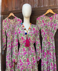 Women's Printed V-Neck Long Sleeve Bohemian Midi Dress – High Waist Elastic Waist Dress