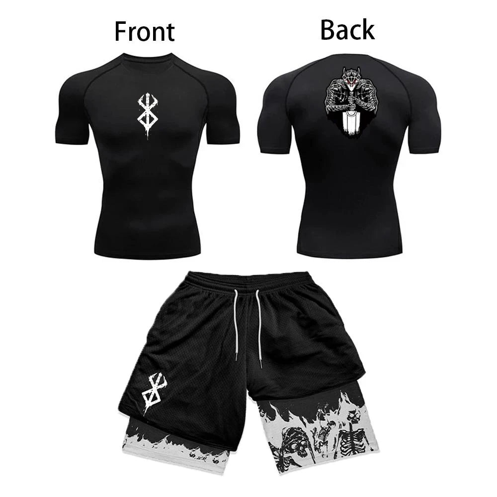 Men's Anime 3D Print Compression Gym Top & Workout Shorts – Quick Dry Athletic Rash Guard Set