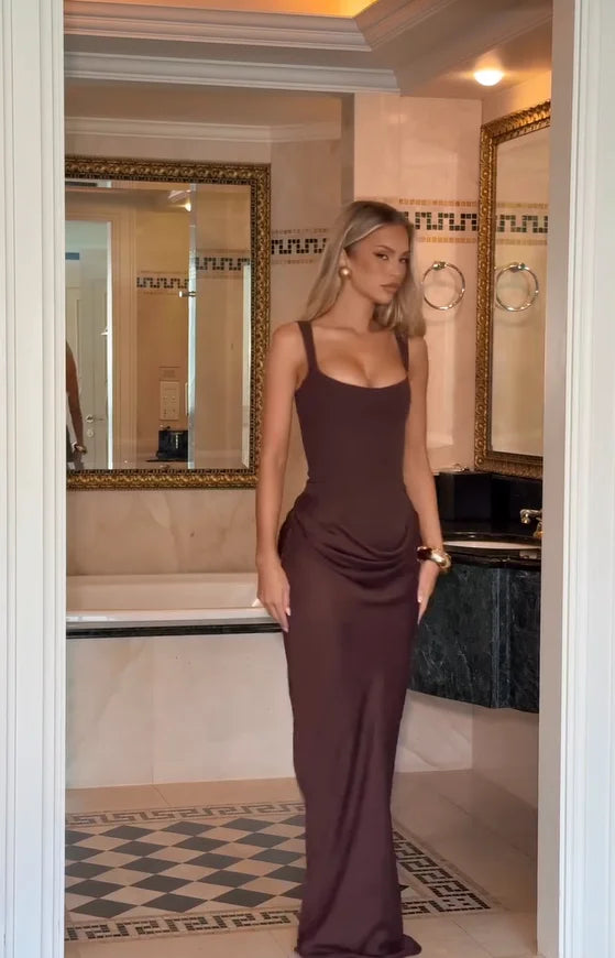 Square Neck Pleated Sling Dress — Off-Shoulder Waist-Cinching Slim Evening Gown