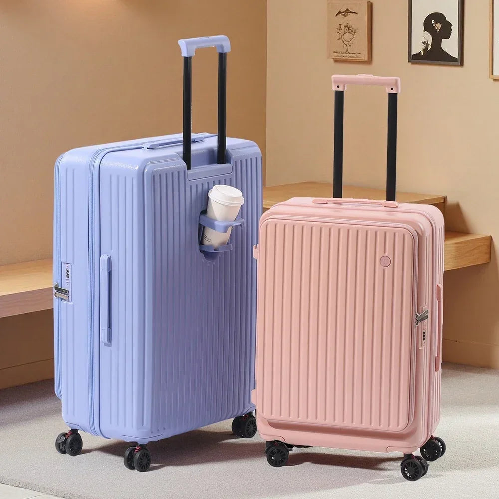 Expandable Front-Opening Suitcase – Cup Holder & Spinner Wheels