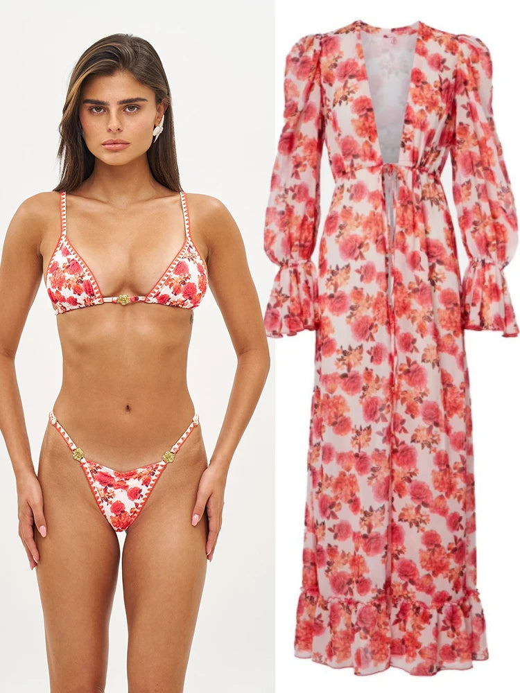 Long Dress Bikini Cover Up | Print Mesh Swimwear, Sexy Floral, Bandage Detail, S-XL
