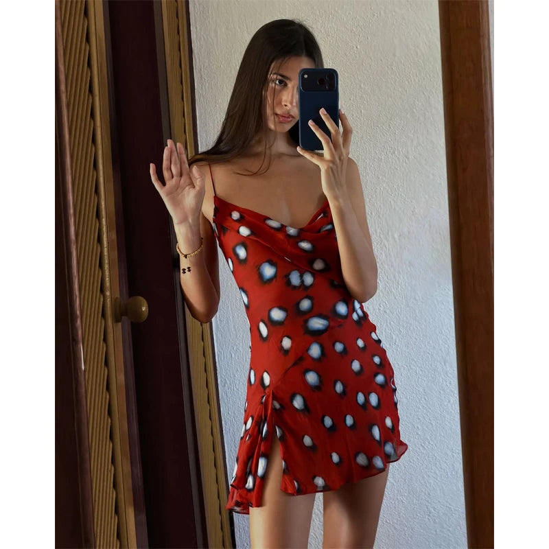 Women's V-Neck Lace-Up Polka Dot Mesh Dress – Flared Sleeve Slim Fit Casual Daily Dress