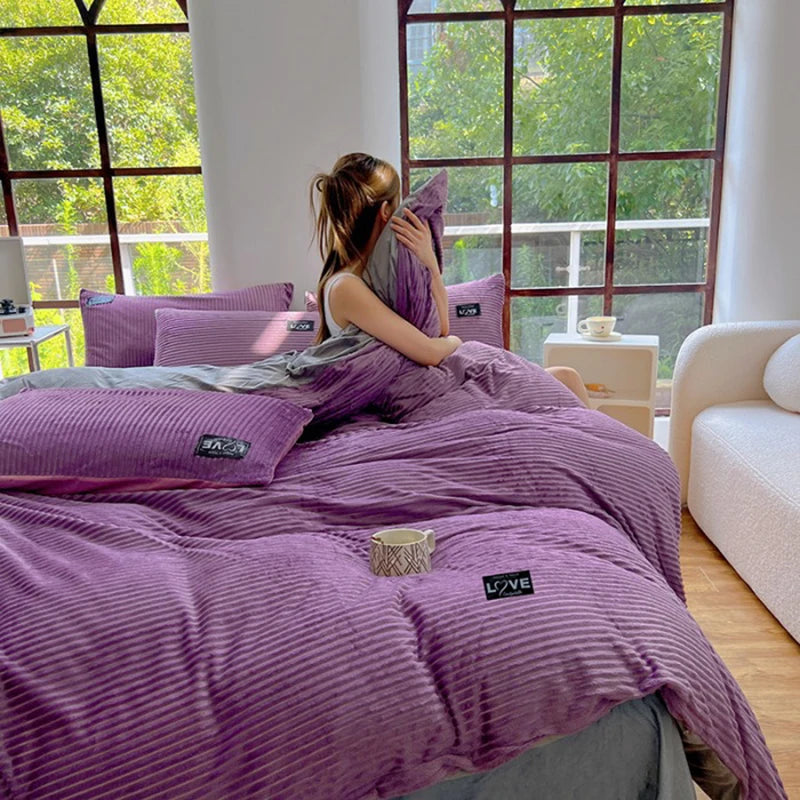 Double-Sided Velvet Duvet Cover Set – Warm Winter 3-Piece Bedding with Zipper & Corner Ties, 11 Colors & 4 Sizes