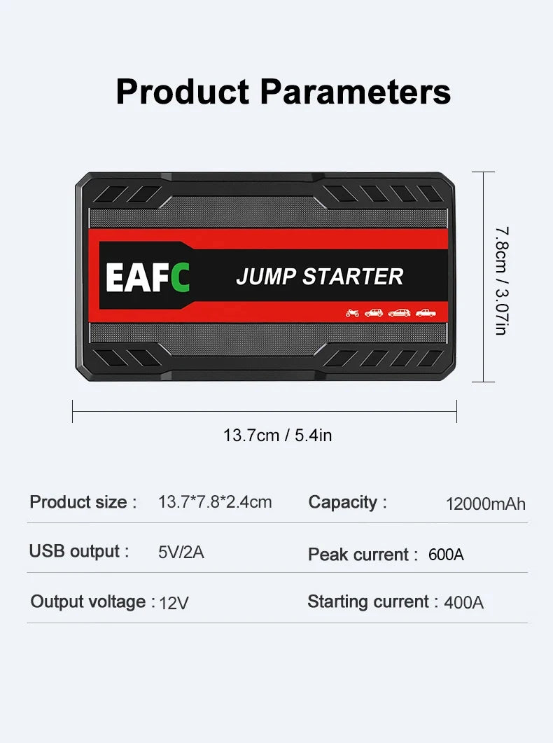 EAFC Portable Car Jump Starter — 600A–2000A Peak, 12V Battery Booster & Power Bank with LED Light
