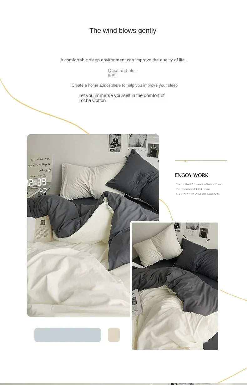 Solid Color Washed Cotton Bedding Set – 4-Piece Duvet Cover, Bed Sheet & Pillowcases, Twin to King