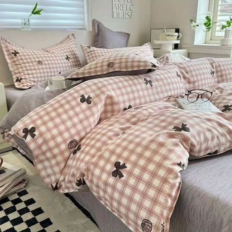 Pink Plaid Duvet Cover Set – Soft Flat Sheet & Pillowcase, Twin to Queen, Boys & Girls