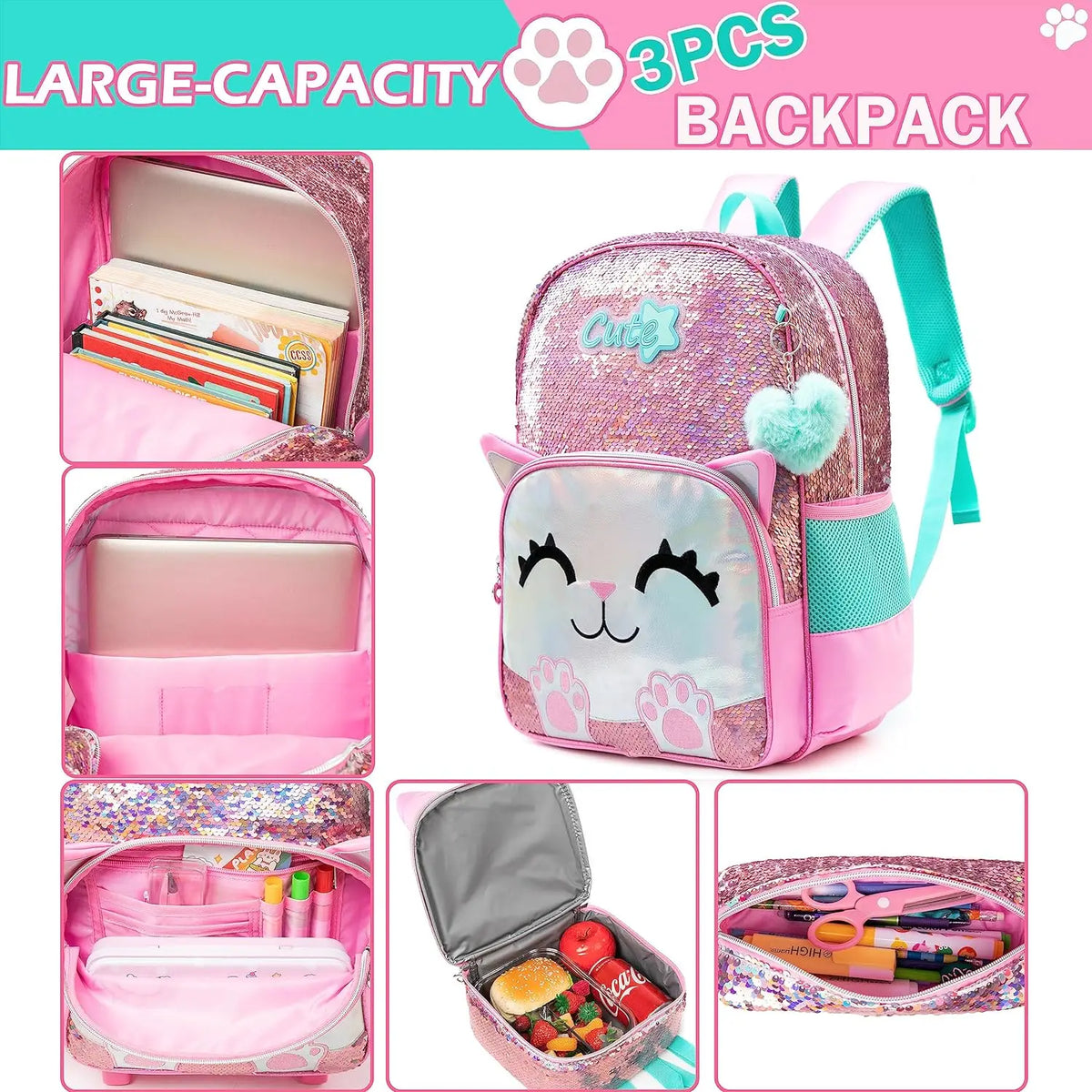 Pink Cat Backpack Set – Sequin School Bag, 3 Pieces