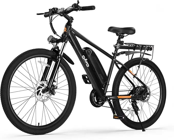 A black electric bicycle with orange accents, featuring a front suspension fork, rear rack, and a battery mounted on the frame, shown against a plain white background.