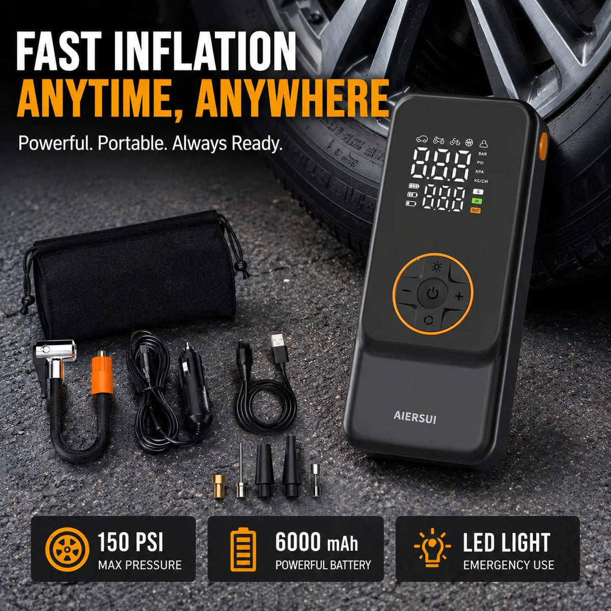 Rechargeable Tire Inflator with Digital Gauge, 150 PSI