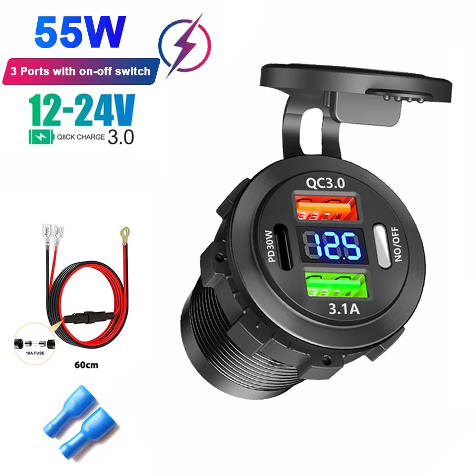 Car USB Charger with Voltmeter – PD3.0 & QC3.0 Fast Charging Socket for Motorcycle, Boat & Auto (12/24V)