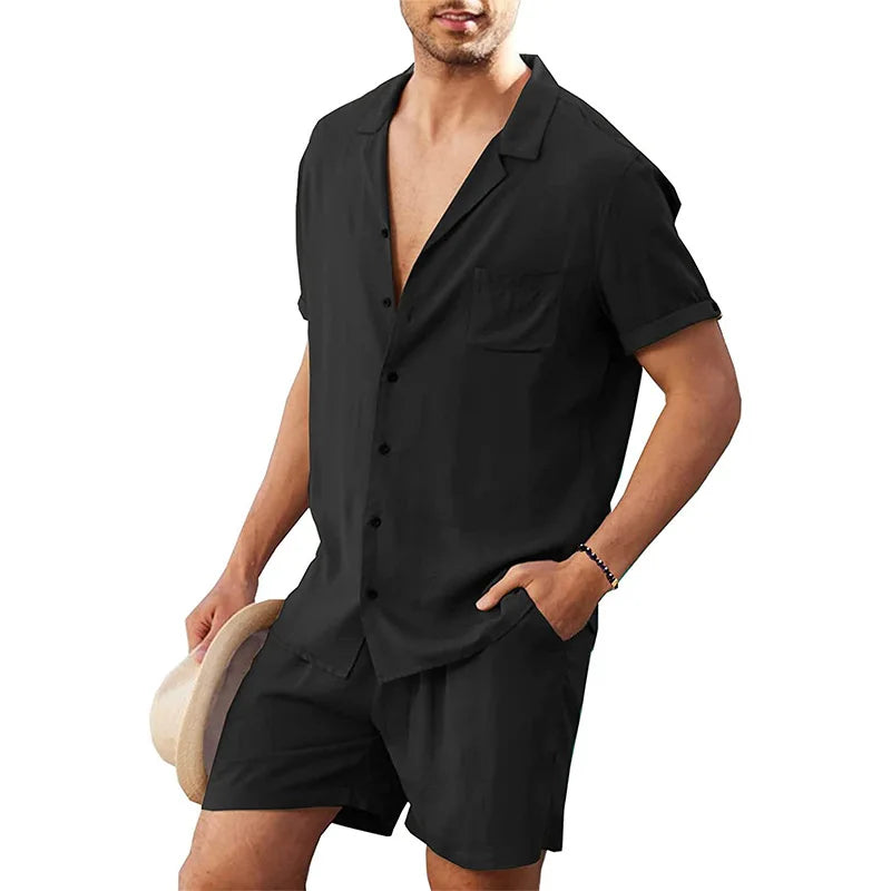 Men's Cotton Linen Short Sleeve Shirt & Shorts Set – Breathable Casual Beach Pajama 2-Piece