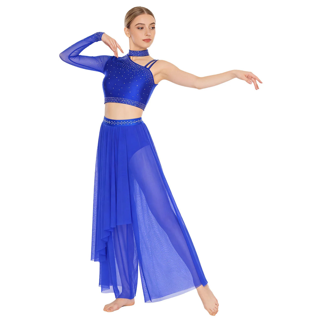 Women's Dance Performance Costume – Shiny Crop Top & Sheer Pants for Skating, Gymnastics & Ballet
