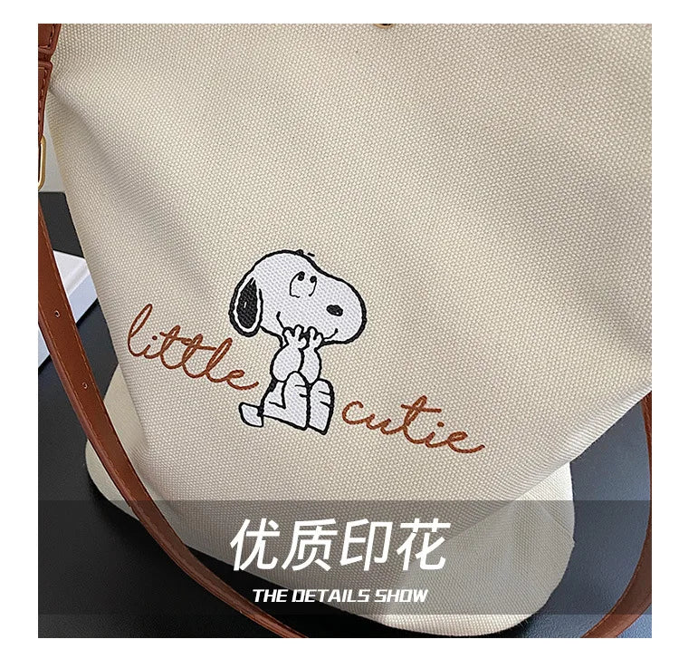 Snoopy Canvas Bucket Bag – Cute Letter Print Crossbody Shoulder Bag for Women