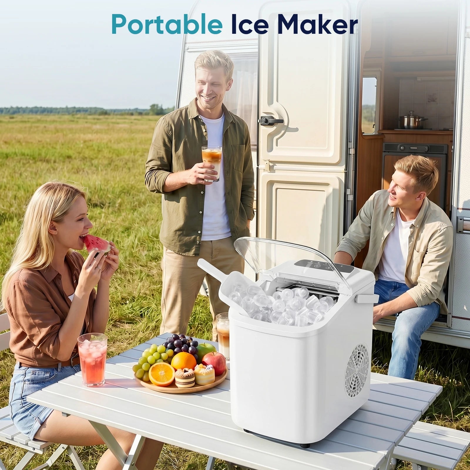 JHK Portable Countertop Ice Maker – 9 Ice Cubes in 6 Min, 26.5 lbs/24Hr, Scoop & Basket Included