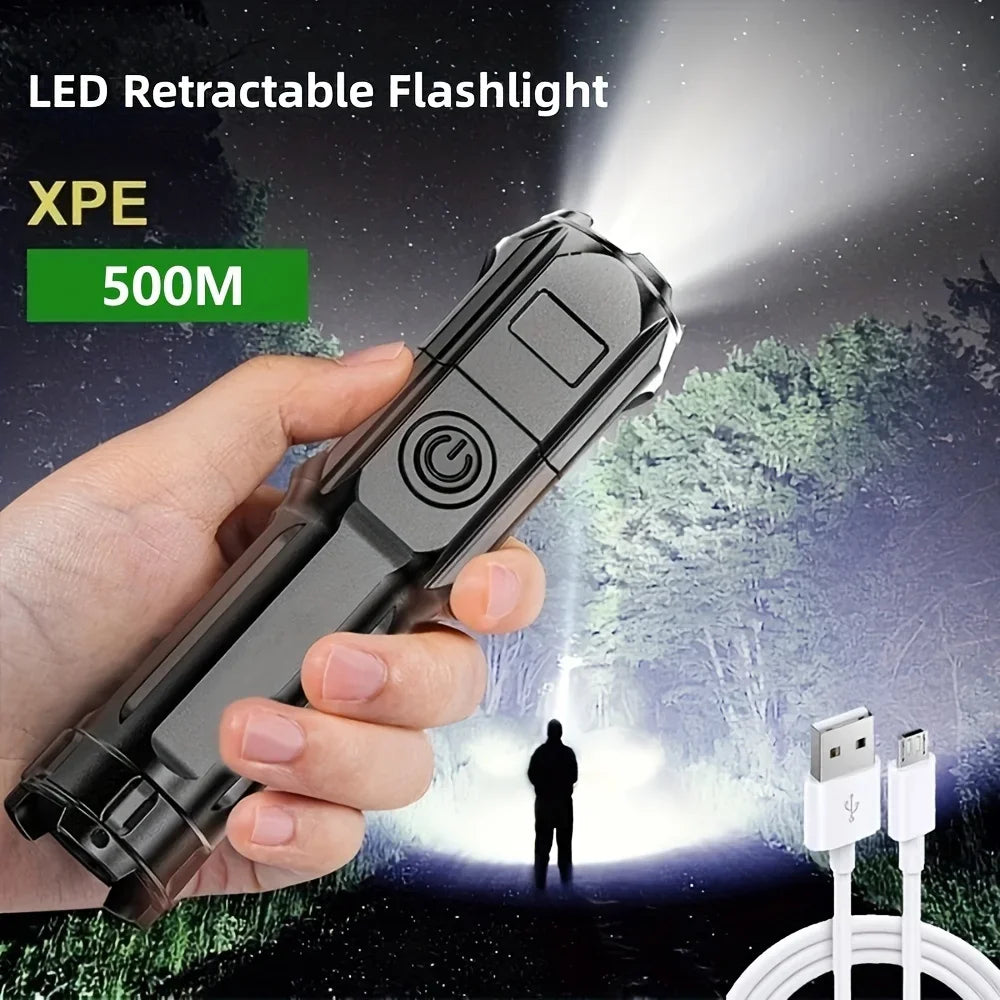FT15 XPE LED Flashlight – USB Rechargeable, Zoomable, 100m Beam for Fishing, Hunting & Camping