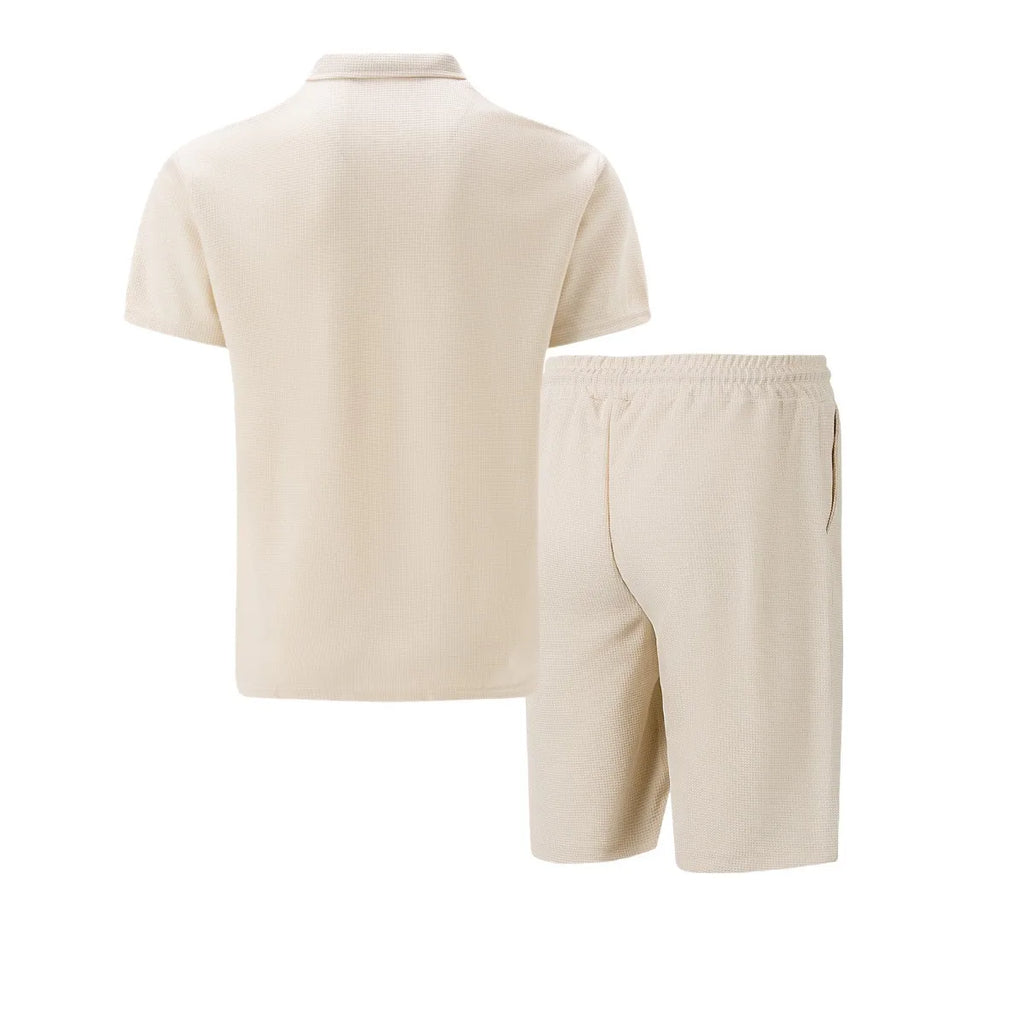 Men's Waffle Solid Color Zip Lapel Short Sleeve & Shorts Set – European Summer 2-Piece Suit
