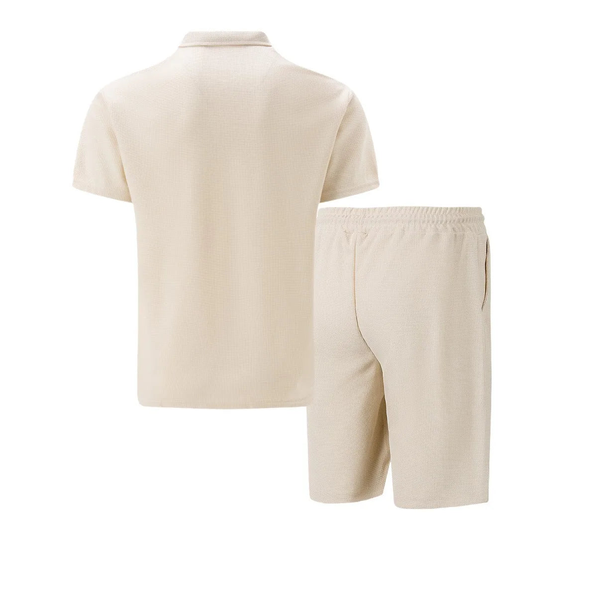 Men's Waffle Solid Color Zip Lapel Short Sleeve & Shorts Set – European Summer 2-Piece Suit