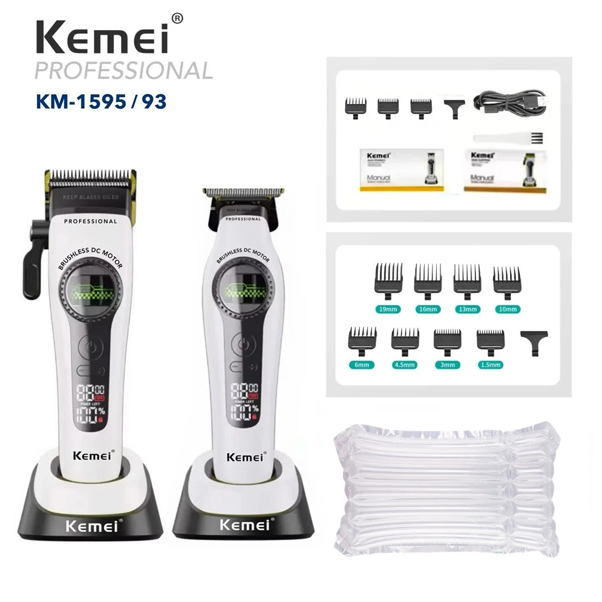Kemei KM-1593 / KM-1595 Professional Brushless Clipper – 5-Speed, DLC Blade, 200-Min, USB-C