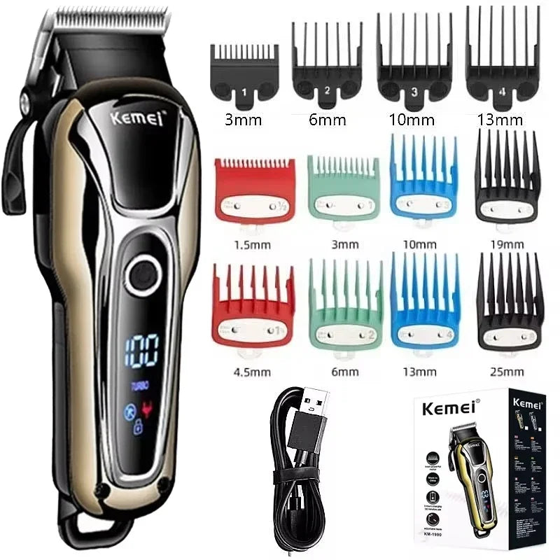 Kemei KM-1990 Professional Hair Clipper – LCD Display, 120-Min Battery, Almighty Grooming Set