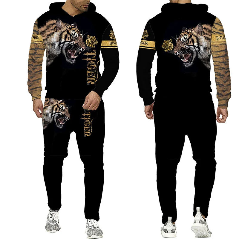 Men's 3D Tiger Print Hoodie & Pants Tracksuit Set – 2-Piece Sportswear