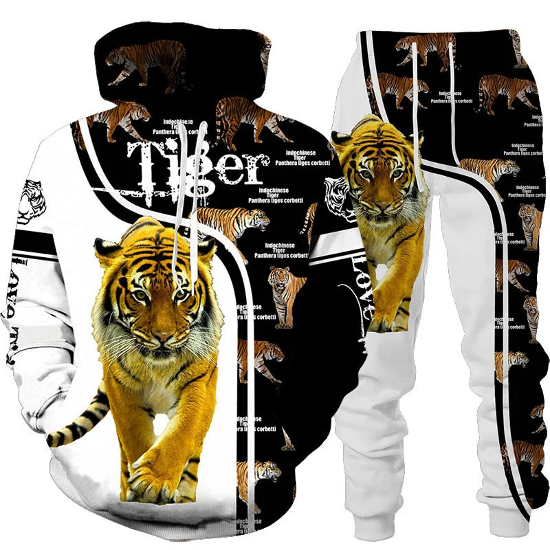 Men's 3D Tiger Print Hoodie & Pants Tracksuit Set – 2-Piece Sportswear