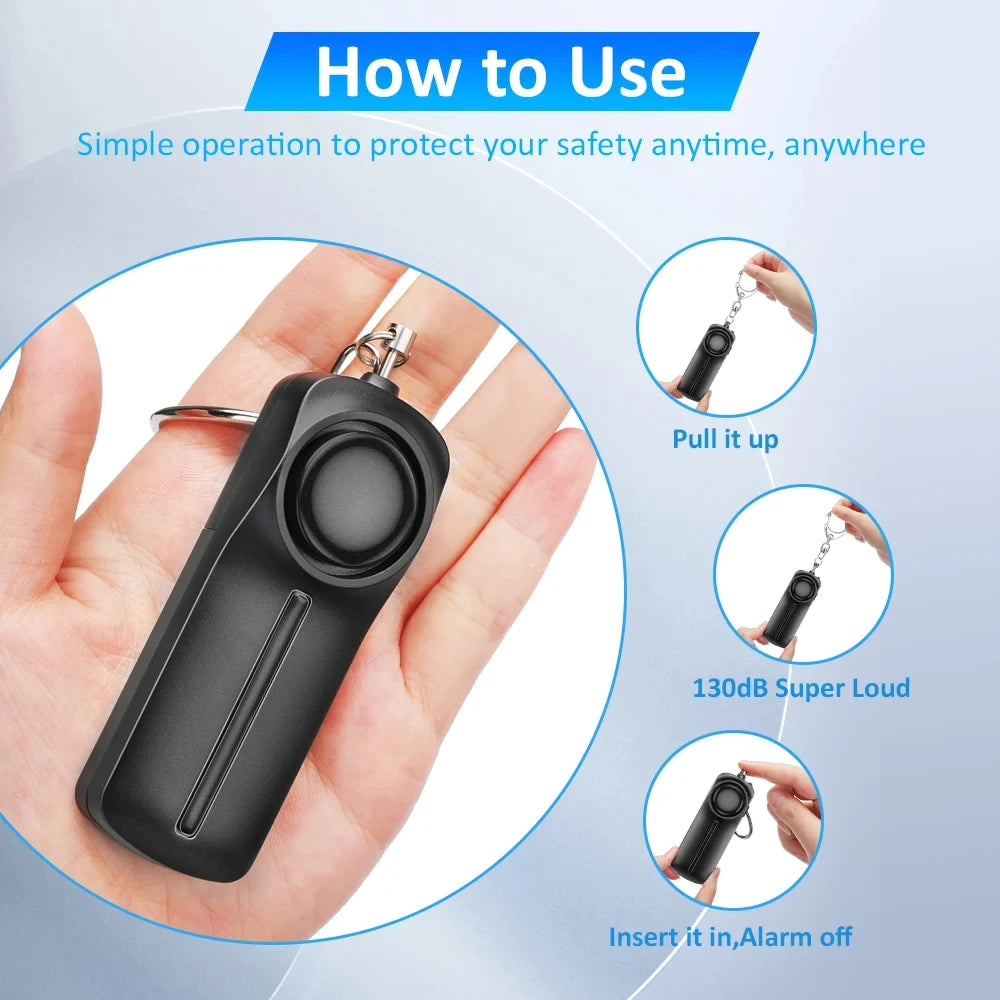 130dB Personal Safety Alarm Keychain with LED Light – Rechargeable Self Defense
