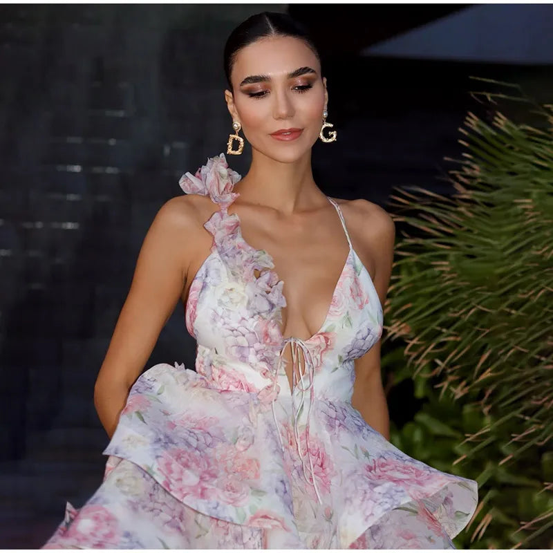 Tie-Dye 3D Flower Mini Dress — Deep V-Neck Flare Sleeve Holiday Dress