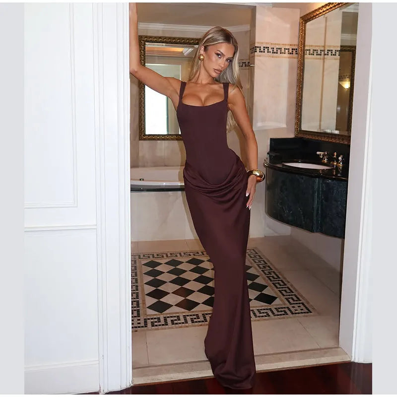 Brown Square-Neck Pleated Mini Dress — Sleeveless Backless Bodycon Club Dress