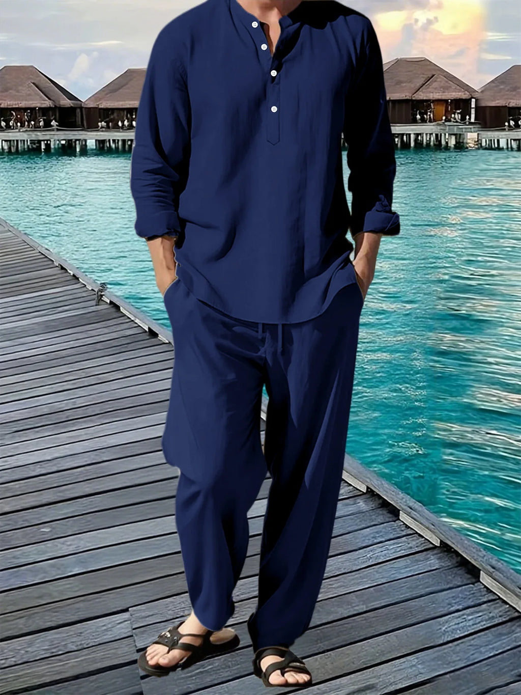 Men's Hawaiian Beach Shirt & Loose Jogger Pants Set – Breathable Vacation Casual Long Sleeve Suit