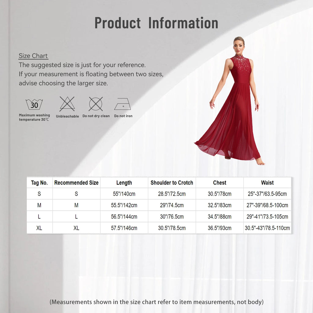 Rhinestone Maxi Sleeveless Contemporary Dance Dress — Mock Neck Wide Hemline Lyrical Leotard